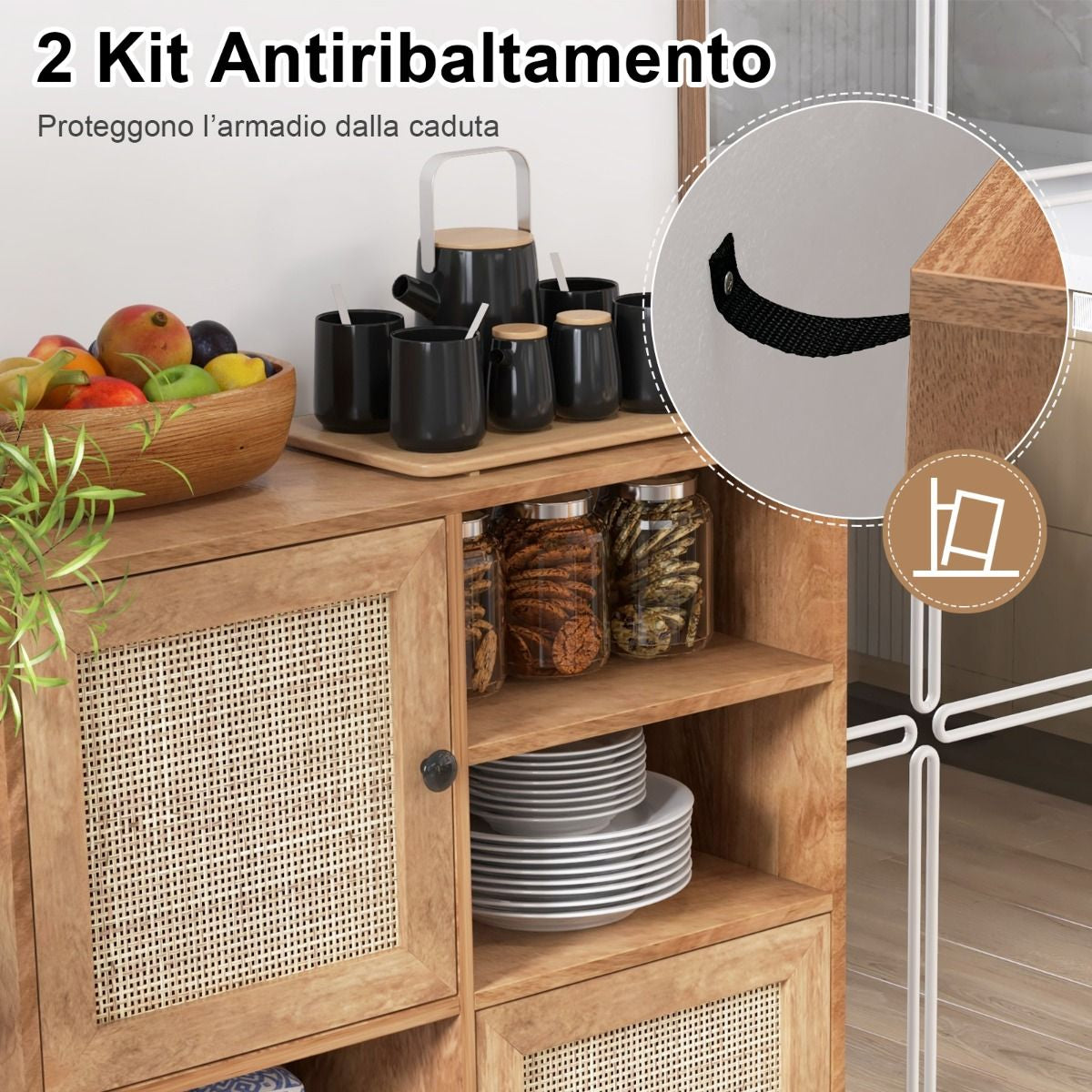 Credenza in Rattan Con 4 Scomparti E 2 Porte Decorate in Rattan, Armadietto Buffet in Stile Boho Naturale