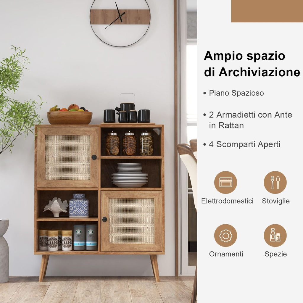 Credenza in Rattan Con 4 Scomparti E 2 Porte Decorate in Rattan, Armadietto Buffet in Stile Boho Naturale
