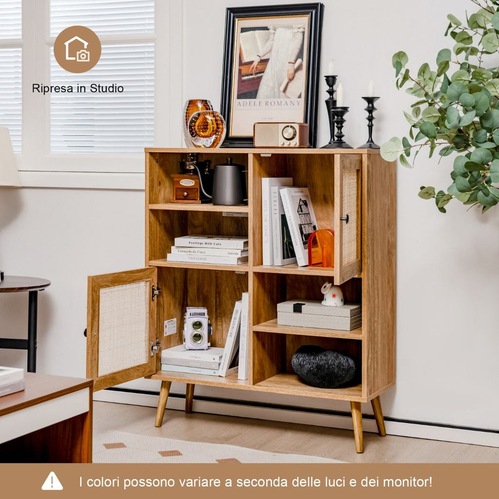 Credenza in Rattan Con 4 Scomparti E 2 Porte Decorate in Rattan, Armadietto Buffet in Stile Boho Naturale