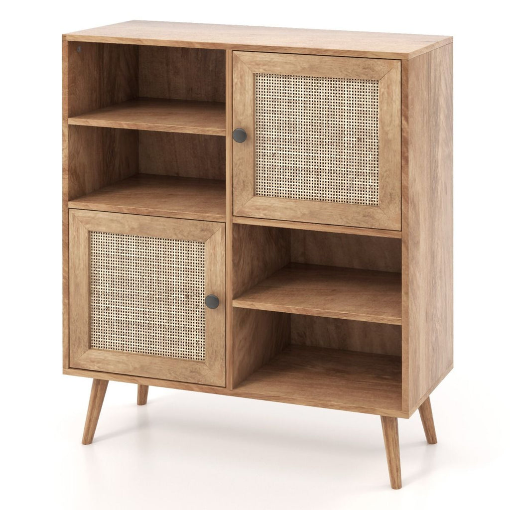 Credenza in Rattan Con 4 Scomparti E 2 Porte Decorate in Rattan, Armadietto Buffet in Stile Boho Naturale