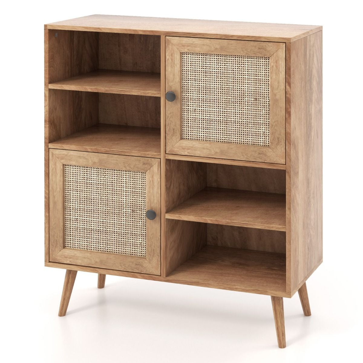 Credenza in Rattan Con 4 Scomparti E 2 Porte Decorate in Rattan, Armadietto Buffet in Stile Boho Naturale