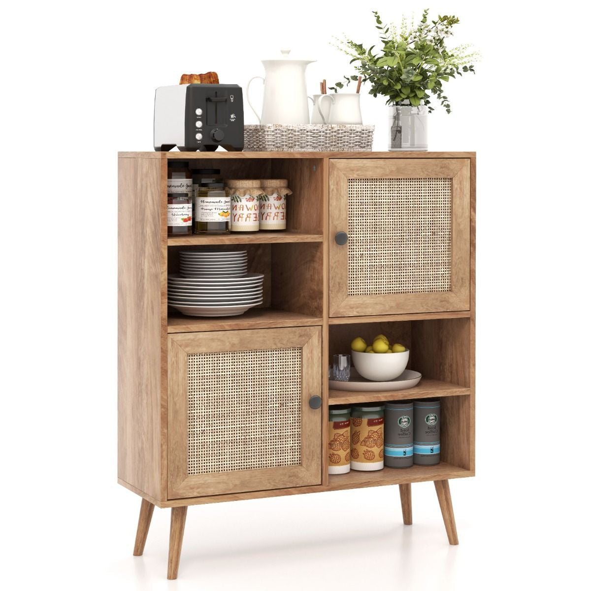 Credenza in Rattan Con 4 Scomparti E 2 Porte Decorate in Rattan, Armadietto Buffet in Stile Boho Naturale