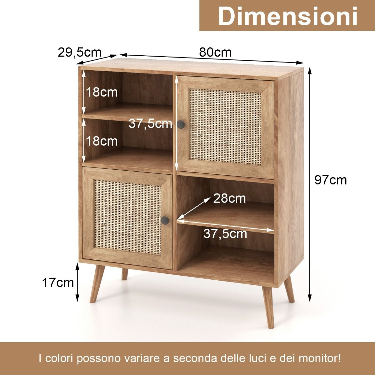 Credenza in Rattan Con 4 Scomparti E 2 Porte Decorate in Rattan, Armadietto Buffet in Stile Boho Naturale
