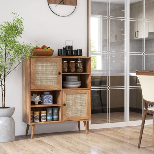 Credenza in Rattan Con 4 Scomparti E 2 Porte Decorate in Rattan, Armadietto Buffet in Stile Boho Naturale
