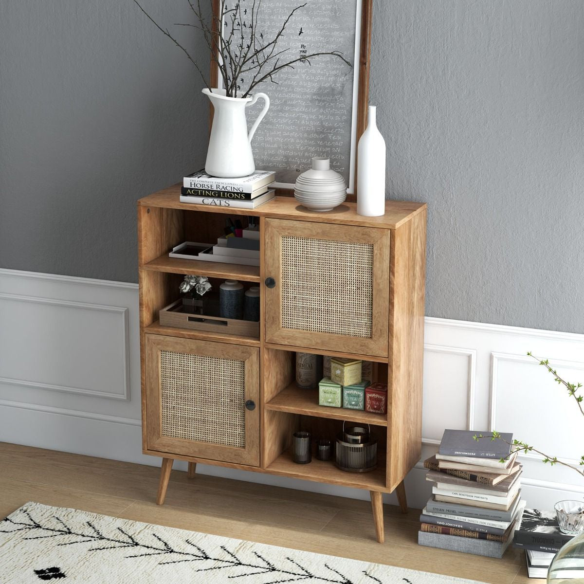 Credenza in Rattan Con 4 Scomparti E 2 Porte Decorate in Rattan, Armadietto Buffet in Stile Boho Naturale